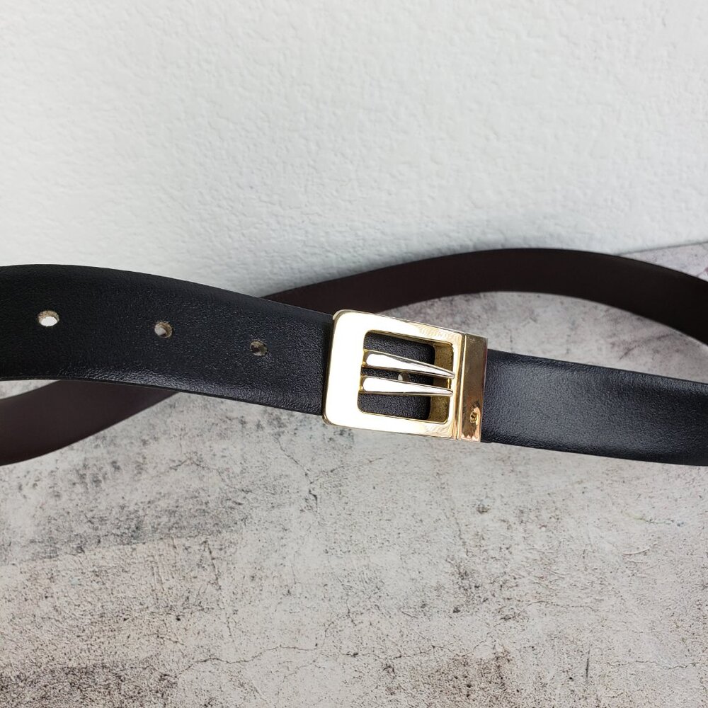Vintage Spain Art Deco Leather Belt Black Gold Buckle Classic Elegant Minimalist - Picture 8 of 9